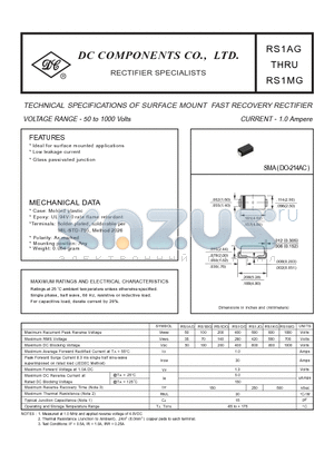 RS1AG datasheet - TECHNICAL SPECIFICATIONS OF SURFACE MOUNT FAST RECOVERY RECTIFIER VOLTAGE RANGE - 50 to 1000 Volts