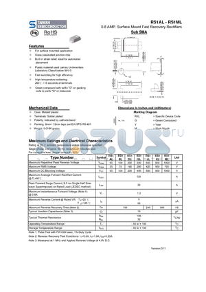 RS1AL_11 datasheet - 0.8 AMP. Surface Mount Fast Recovery Rectifiers