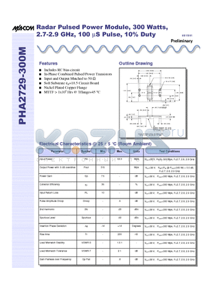 PHA2729-300M datasheet - Radar Pulsed Power Module, 300 Watts, 2.7-2.9 GHz, 100 uS Pulse, 10% Duty
