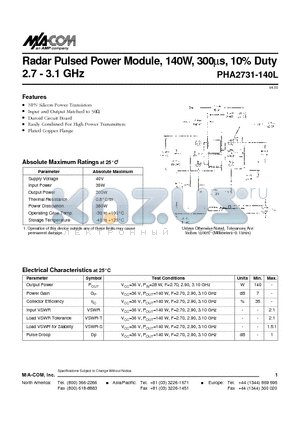 PHA2731-140L datasheet - Radar Pulsed Power Module, 140W, 300ms, 10% Duty 2.7 - 3.1 GHz