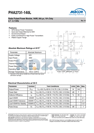 PHA2731-140L datasheet - Radar Pulsed Power Module, 140W, 300 ls, 10% Duty 2.7 - 3.1 GHz