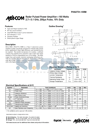 PHA2731-190M datasheet - Radar Pulsed Power Amplifier-190 Watts 2.7-3.1GHz,200ms Pulse,10% Duty