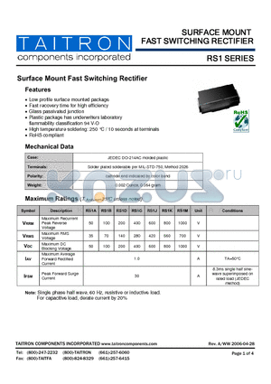 RS1B datasheet - Surface Mount Fast Switching Rectifier