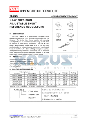 TL432CG-T92-K datasheet - 1.24V PRECISION ADJUSTABLE SHUNT REFERENCE REGULATORS