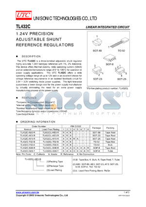 TL432CL-T92-K datasheet - 1.24V PRECISION ADJUSTABLE SHUNT REFERENCE REGULATORS