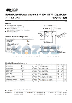 PHA3135-130M datasheet - RadarPulsedPowerModule, 115, 130,145W,100msPulse 3.1 - 3.5 GHz