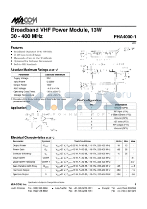 PHA4000-1 datasheet - Broadband VHF Power Module, 13W 30 - 400 MHz