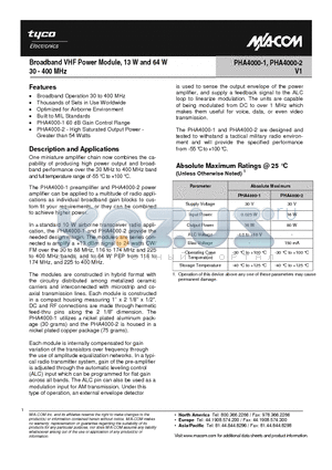 PHA4000-1_1 datasheet - Broadband VHF Power Module, 13 W and 64 W 30 - 400 MHz