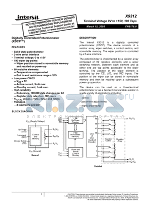 X9312 datasheet - Terminal Voltage 0V to  15V, 100 Taps