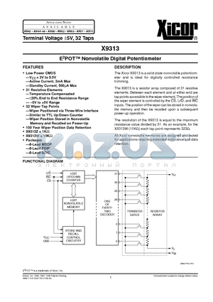 X9313TMI3 datasheet - E2POT Nonvolatile Digital Potentiometer