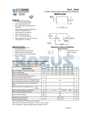 RS1D datasheet - 1.0 AMP. Surface Mount Fast Recovery Rectifiers