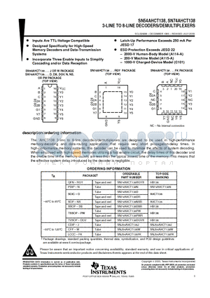 SN54AHCT138 datasheet - 3-LINE TO 8-LINE DECODERS/DEMULTIPLEXERS