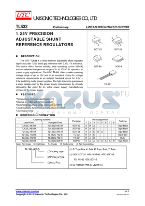 TL432G-T92-B datasheet - 1.25V PRECISION ADJUSTABLE SHUNT REFERENCE REGULATORS