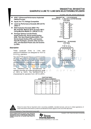 SN54AHCT158FK datasheet - QUADRUPLE 2-LINE TO 1-LINE DATA SELECTORS/MULTIPLEXERS