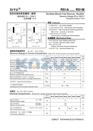 RS1J datasheet - Surface Mount Fast Recover Rectifier Reverse Voltage 50 to 1000 V Forward Current 1.0 A