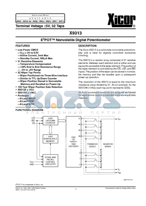 X9313ZMM3 datasheet - E2POT Nonvolatile Digital Potentiometer