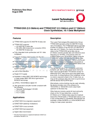 TTRN012G7 datasheet - TTRN012G5 (2.5 Gbits/s) and TTRN012G7 (2.5 Gbits/s and 2.7 Gbits/s) Clock Synthesizer, 16:1 Data Multiplexer