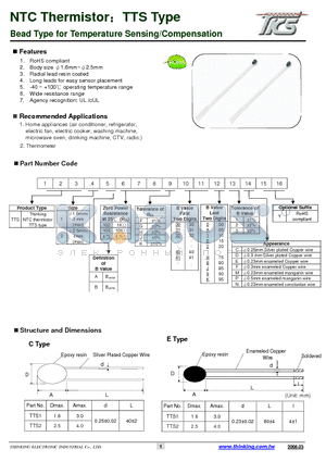 TTS1B10323953 datasheet - Bead Type for Temperature Sensing/Compensation