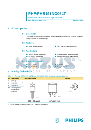 PHB191NQ06LT datasheet - Logic level N-channel enhancement mode field-effect transistor in a plastic package using TrenchMOS technology