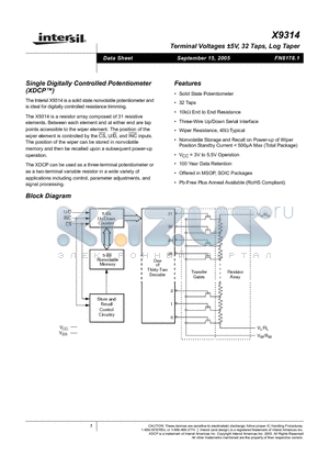 X9314WM datasheet - Terminal Voltage -5V, 32 Taps, Log Taper