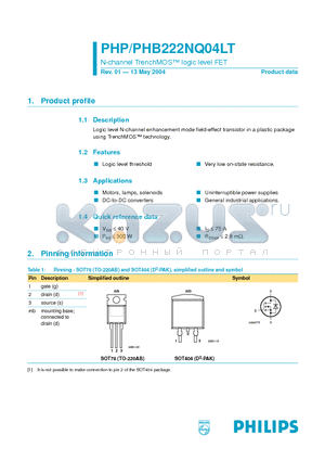 PHB222NQ04LT datasheet - N-channel TrenchMOSTM logic level FET