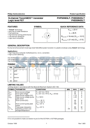 PHB50N03LT datasheet - N-channel TrenchMOS transistor Logic level FET