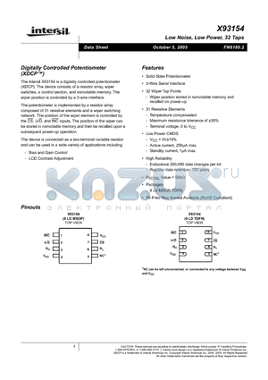 X93154 datasheet - Digitally Controlled Potentiometer