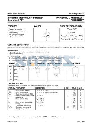 PHB55N03LT datasheet - N-channel TrenchMOS transistor Logic level FET