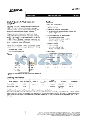 X93155 datasheet - Digitally Controlled Potentiometer(XDCP)