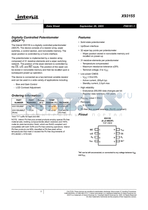 X93155UM8IZ datasheet - Digitally Controlled Potentiometer (XDCP)