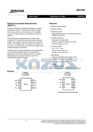 X93156 datasheet - Digitally Controlled Potentiometer