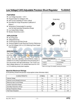 TL432TA datasheet - Low Voltage(1.24V) Adjustable Precision Shunt Regulator