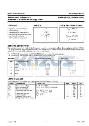 PHB6ND50E datasheet - PowerMOS transistors FREDFET, Avalanche energy rated