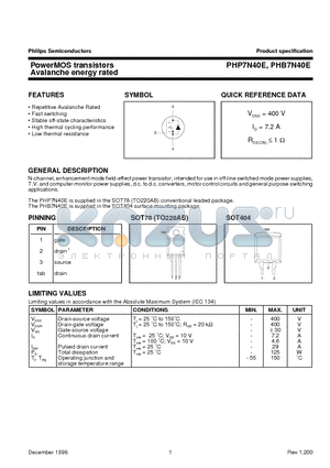 PHB7N40E datasheet - PowerMOS transistors Avalanche energy rated