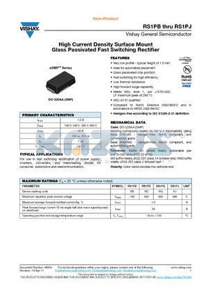 RS1PB datasheet - High Current Density Surface Mount Glass Passivated Fast Switching Rectifier