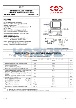 SS1T datasheet - SINTERED GLASS JUNCTION SURFACE MOUNTED RECTIFIER VOLTAGE1300V CURRENT 1.0A