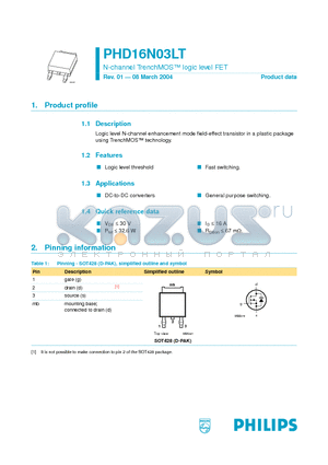 PHD16N03LT datasheet - N-channel TrenchMOS logic level FET