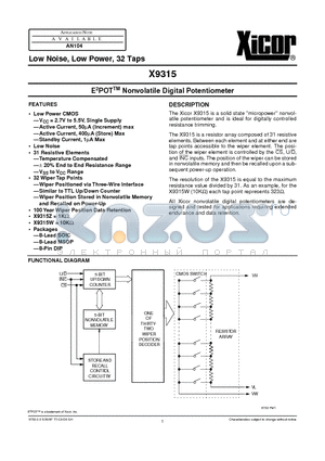 X9315WM datasheet - E 2 POT TM Nonvolatile Digital Potentiometer