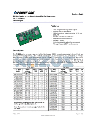 PHD32UAA datasheet - PHD32 Series . 32A Non-Isolated DC/DC Converter 5V, 3.3V Input Dual Output