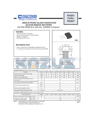 RS201 datasheet - SINGLE-PHASE GLASS PASSIVATED SILICON BRIDGE RECTIFIER
