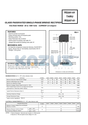 RS201-01 datasheet - VOLTAGE RANGE 50 to 1000 Volts CURRENT 2.0 Ampere