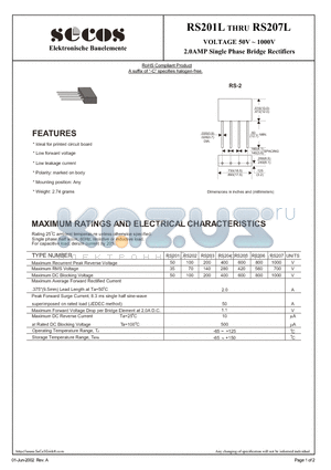 RS201L datasheet - VOLTAGE 50V ~ 1000V 2.0AMP Single Phase Bridge Rectifiers