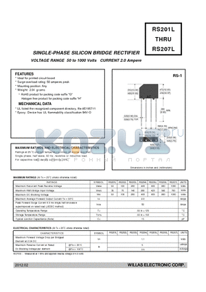 RS201L datasheet - SINGLE-PHASE SILICON BRIDGE RECTIFIER VOLTAGE RANGE 50 to 1000 Volts CURRENT 2.0 Ampere