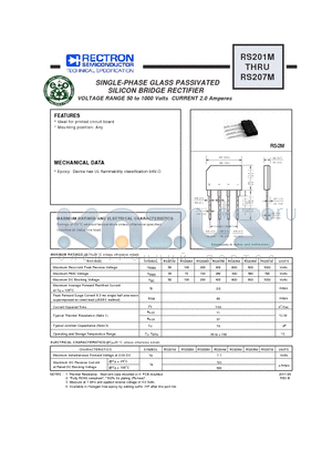 RS201M_11 datasheet - SINGLE-PHASE GLASS PASSIVATED  SILICON BRIDGE RECTIFIER VOLTAGE RANGE 50 to 1000 Volts CURRENT 2.0 Amperes