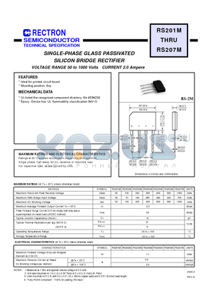 RS201M datasheet - SINGLE-PHASE GLASS PASSIVATED SILICON BRIDGE RECTIFIER VOLTAGE RANGE 50 to 1000 Volts CURRENT 2.0 Ampere
