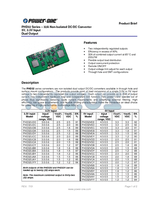 PHD32UDB datasheet - PHD32 Series . 32A Non-Isolated DC/DC Converter 5V, 3.3V Input Dual Output