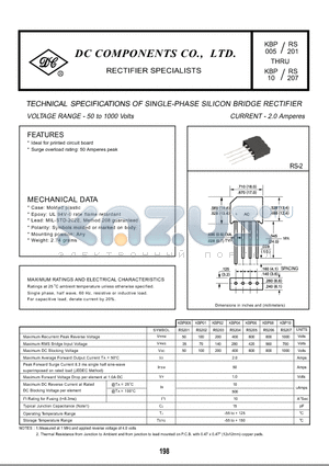 RS202 datasheet - TECHNICAL SPECIFICATIONS OF SINGLE-PHASE SILICON BRIDGE RECTIFIER