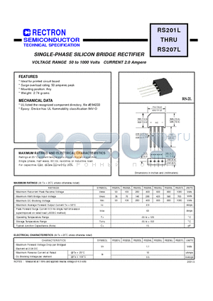 RS202L datasheet - SINGLE-PHASE SILICON BRIDGE RECTIFIER (VOLTAGE RANGE 50 to 1000 Volts CURRENT 2.0 Ampere)