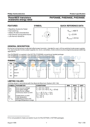 PHD3N40E datasheet - PowerMOS transistors Avalanche energy rated