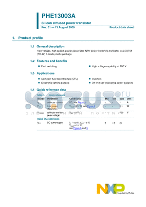 PHE13003A datasheet - Silicon diffused power transistor